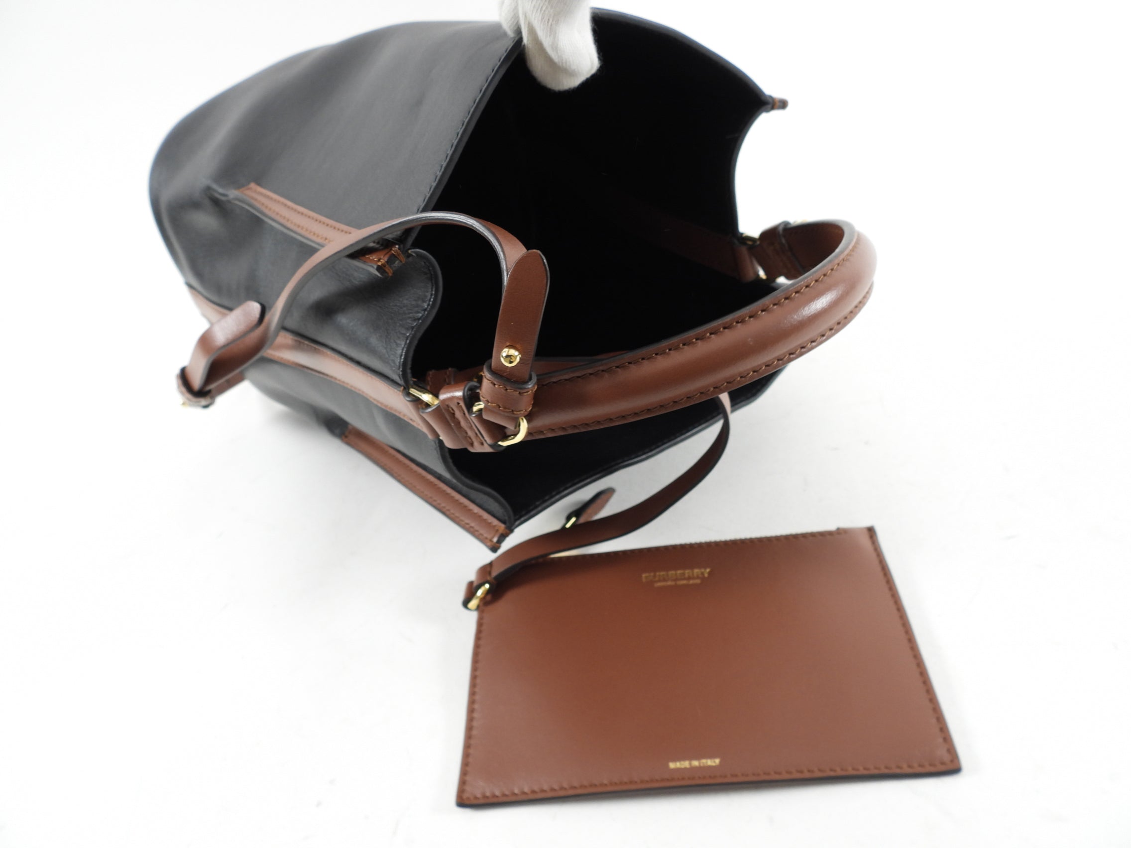 Burberry Black & Brown Leather Small Bucket Bag with Detachable Pouch - Stylish Crossbody Handbag for Women, Perfect for Work, Travel & Everyday Use