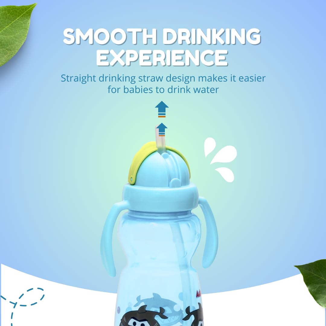 Adore Zing Twin Handle Straw Cup - BPA Free Baby Water Bottle for Kids & Toddlers | 300ml Leak Proof Plastic Straw Sipper for Boys & Girls | Perfect for Daycare, Travel & Outdoor Activities (Blue)
