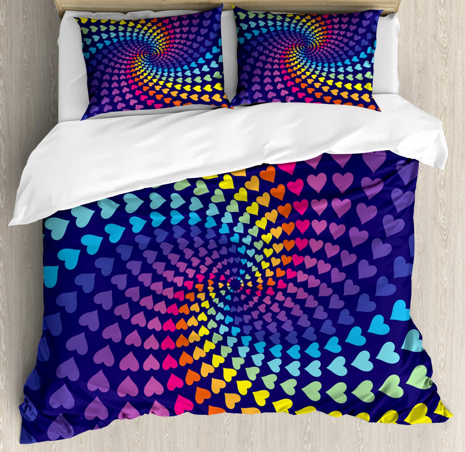 Ambesonne Colorful Duvet Cover Set - Rainbow Hearts Retro Psychedelic Bedding | 3-Piece California King Size with 2 Pillow Shams | Vibrant Multicolor Bohemian Decor for Bedroom, Guest Room & Dorm | Perfect for Romantic, Retro & Hippie Style Home Decor