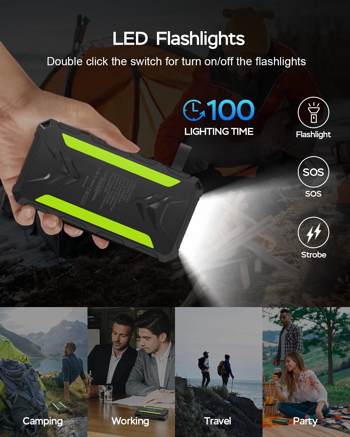 20000mAh Solar Power Bank with 4 Solar Panels - Fast Charging Portable Charger with Dual 3A Outputs, Waterproof External Battery Pack & Flashlight for iPhone, Android Phones, Tablets - Perfect for Camping, Hiking, Outdoor Adventures (Green)