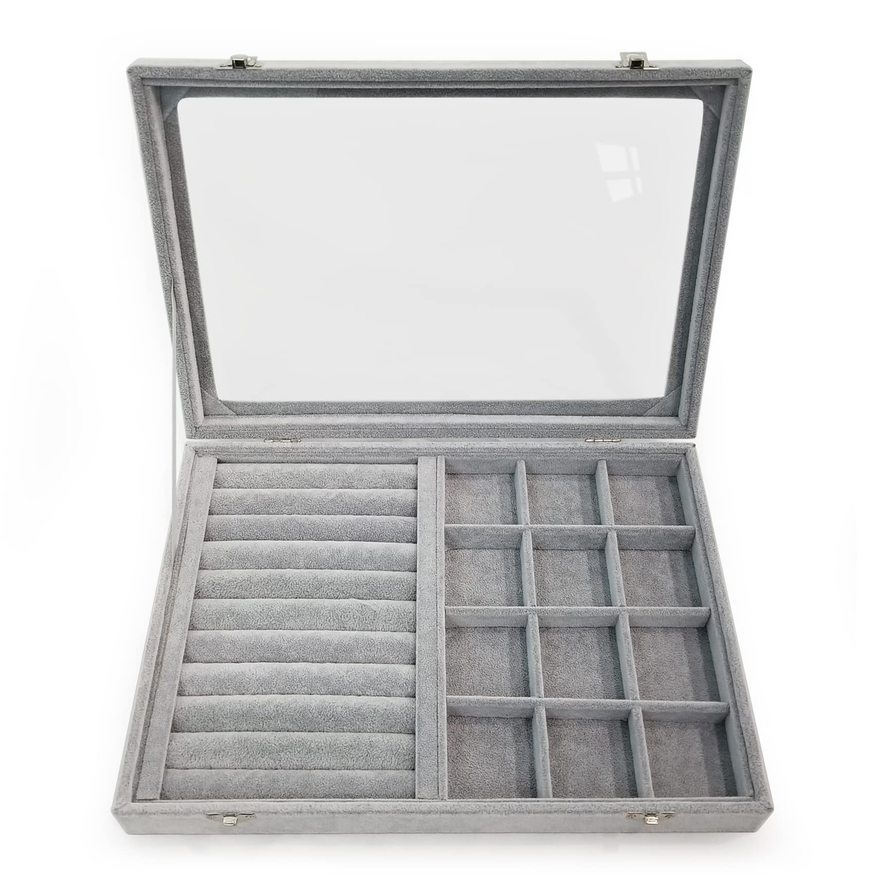 12 Grid Ice Velvet Jewelry Organizer Box with Clear Locking Lid - Ring Tray Display Case for Earrings, Necklaces & Bracelets - Perfect for Travel, Home Storage & Retail Showcase (Grey)