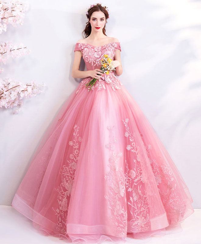 Elegant Pink Tulle Off-Shoulder Lace Long Prom Dress - Formal Evening Gown for Homecoming, Quinceañera & Special Occasions