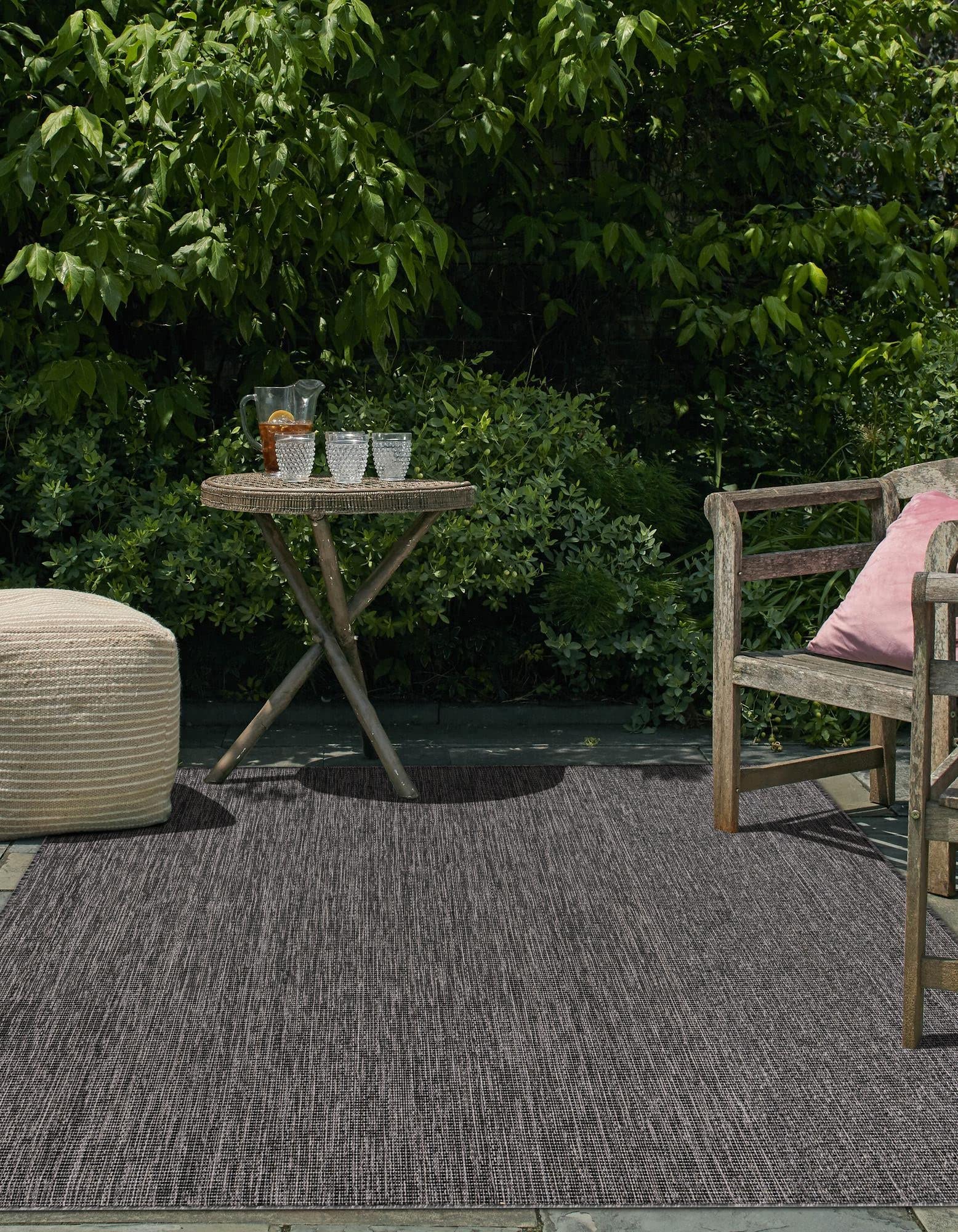 Premium 7' x 10' Black Flatweave Outdoor Rug - Durable Solid Collection for Patio, Deck & Garden - Perfect for Bedrooms, Living Rooms & Dining Areas