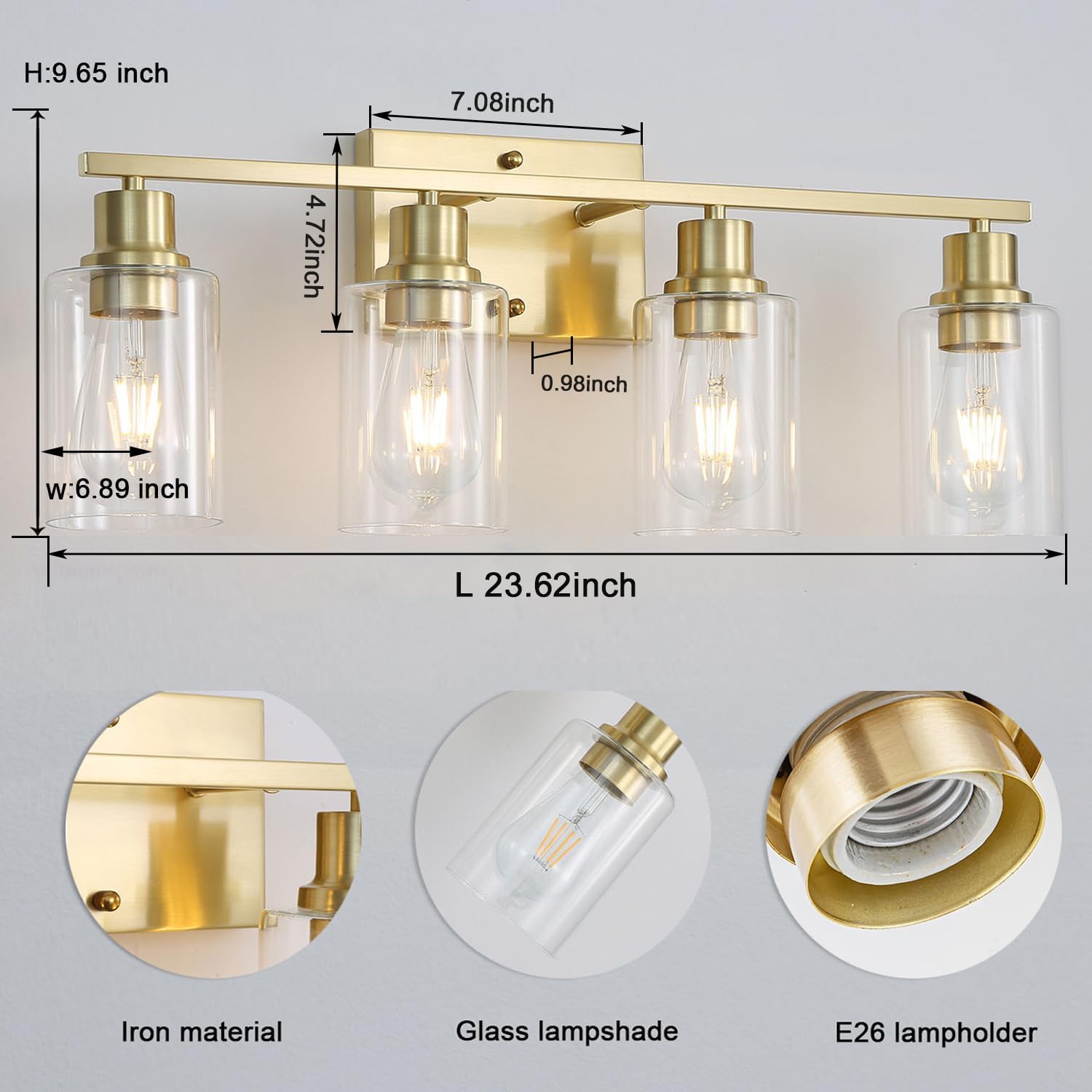4-Lights Gold Bathroom Vanity Light Fixture - Brushed Brass Modern Wall Sconce with Clear Glass Shade - Perfect for Bathroom, Living Room, Hallway & Bedroom Lighting Decor