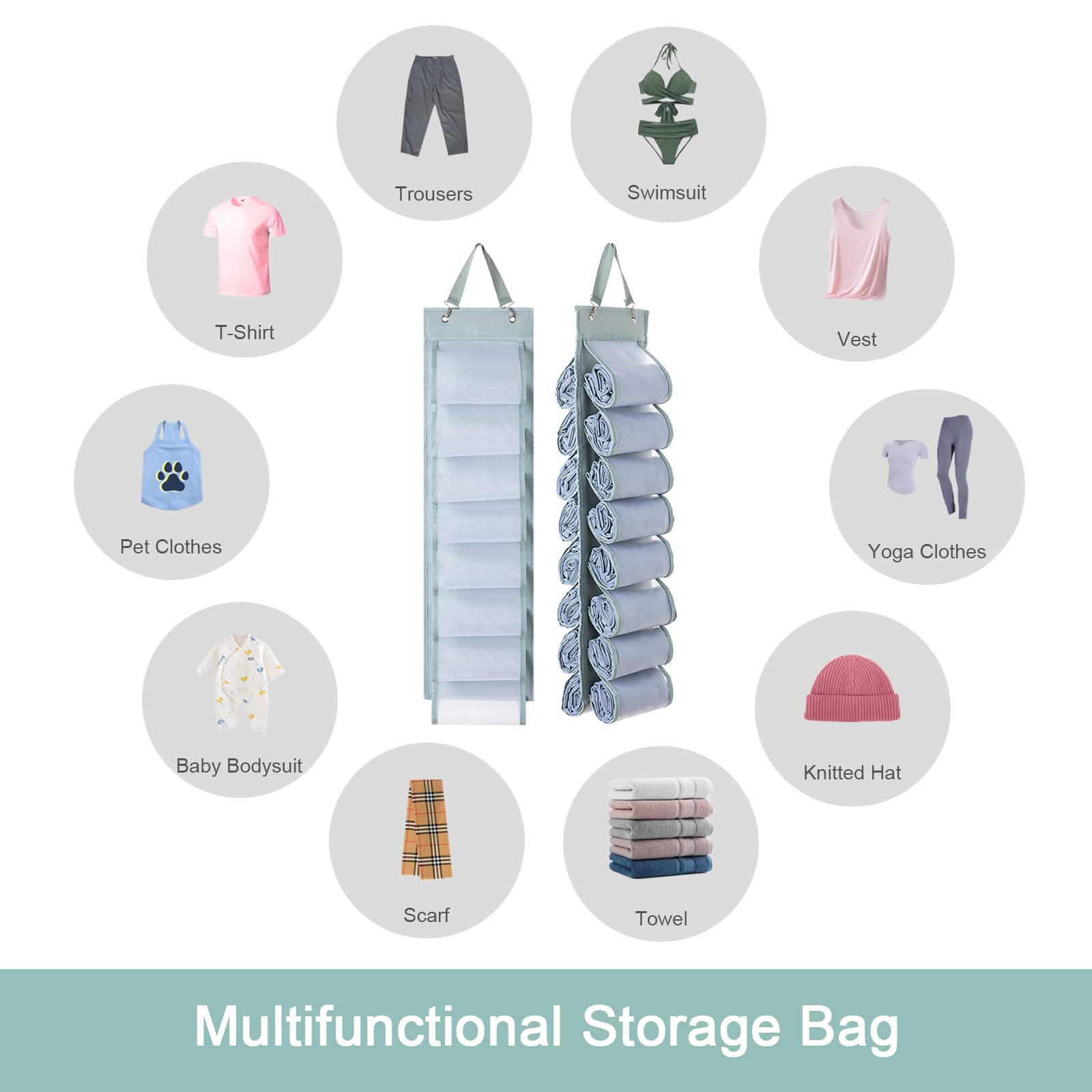 16-Slot Hanging Closet Organizer for Leggings, T-Shirts & Clothes - Space-Saving Wardrobe Storage for Yoga Pants, Tank Tops, Underwear & Towels (Grey) - Perfect for Bedroom, Closet & Travel Organization