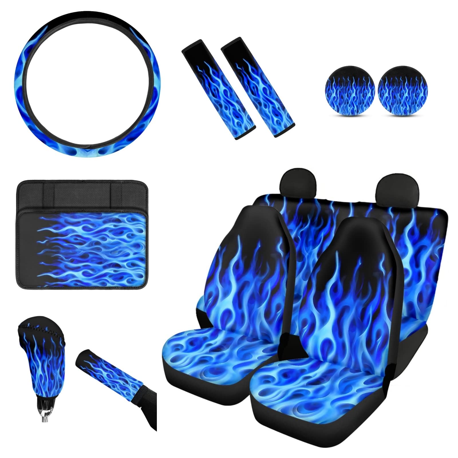 Universal Blue Fire Flame Car Seat Cover Set - Auto Seat Protector with Handbrake, Gear Shift & Steering Wheel Covers | Fits Most Cars, Trucks, SUVs & Vans | Includes Cup Coaster & Armrest Cushion | Perfect for Road Trips, Commuting & Vehicle Protection