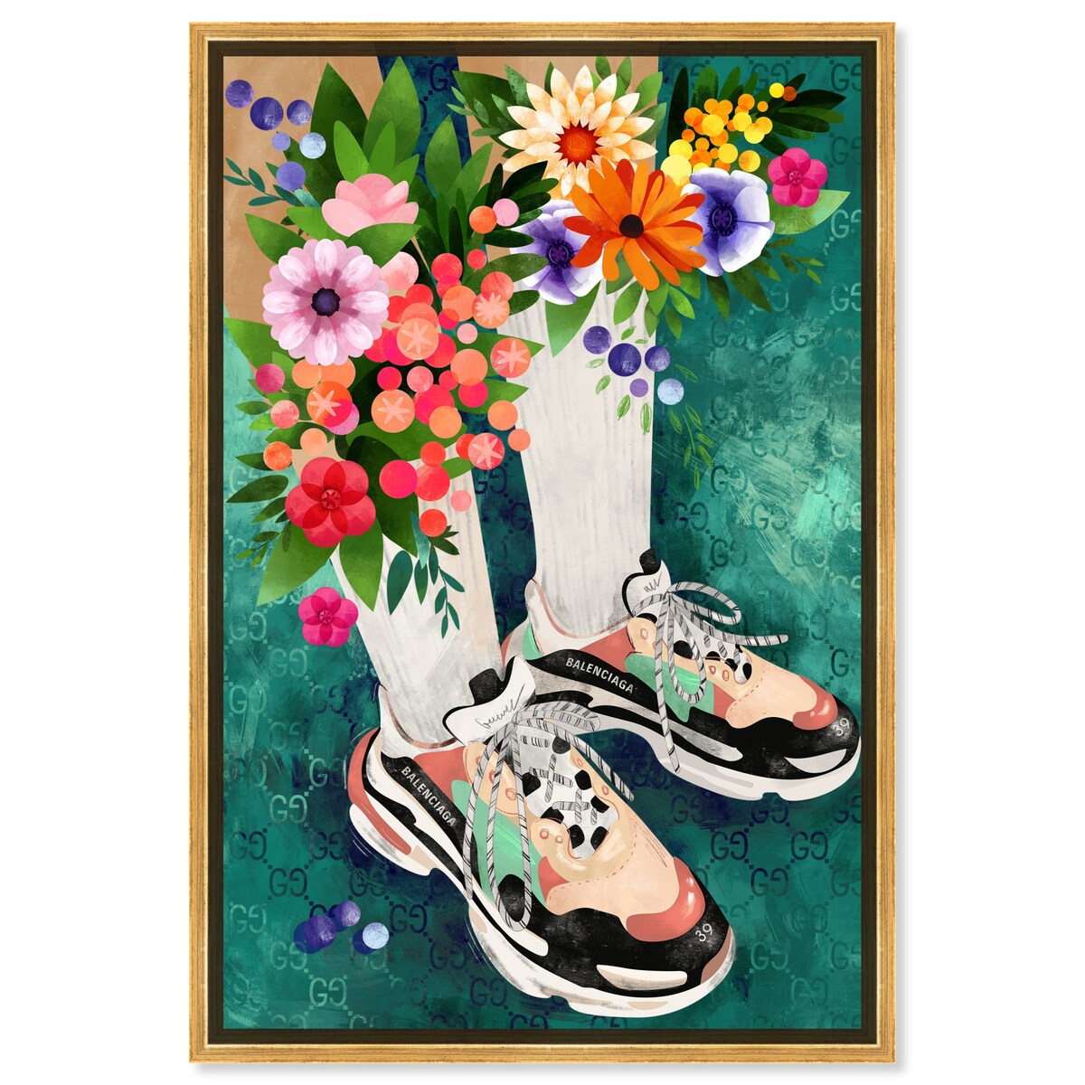 Stylish Floral Sneakers & Socks Set with Modern Green Framed Canvas Wall Art - Perfect for Bedroom Decor and Fashion Outfits | Home & Fashion Combo