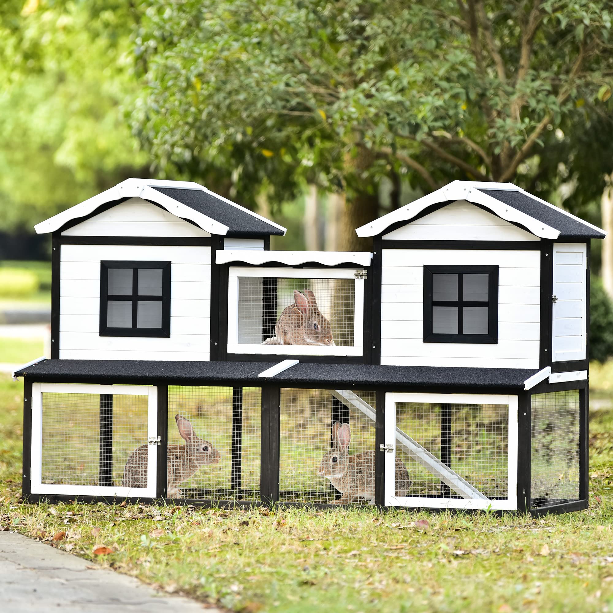 80.3 Inch Large Luxury Rabbit Hutch for Indoor/Outdoor Use - Bunny Cage, Chicken Coop & Guinea Pig Enclosure with Wavy Roof, Asphalt Slab & Decorative Strip - Holds 8 Rabbits - Perfect for Backyard, Garden or Pet Room Decor