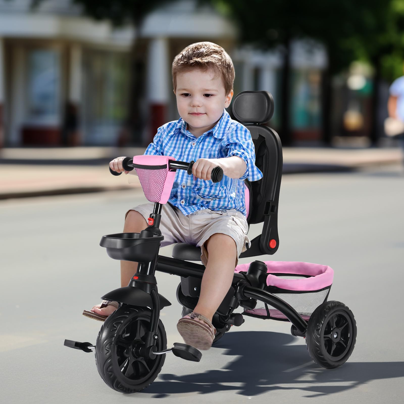 8-in-1 Foldable Kids Tricycle with Removable Canopy & Parent Push Handle - 360° Swivel Seat, EVA Wheels & Storage Basket - Pink Toddler Bike Stroller for Boys Girls Ages 1-5 Years - Perfect for Park Rides, Neighborhood Walks & Outdoor Family Adventures
