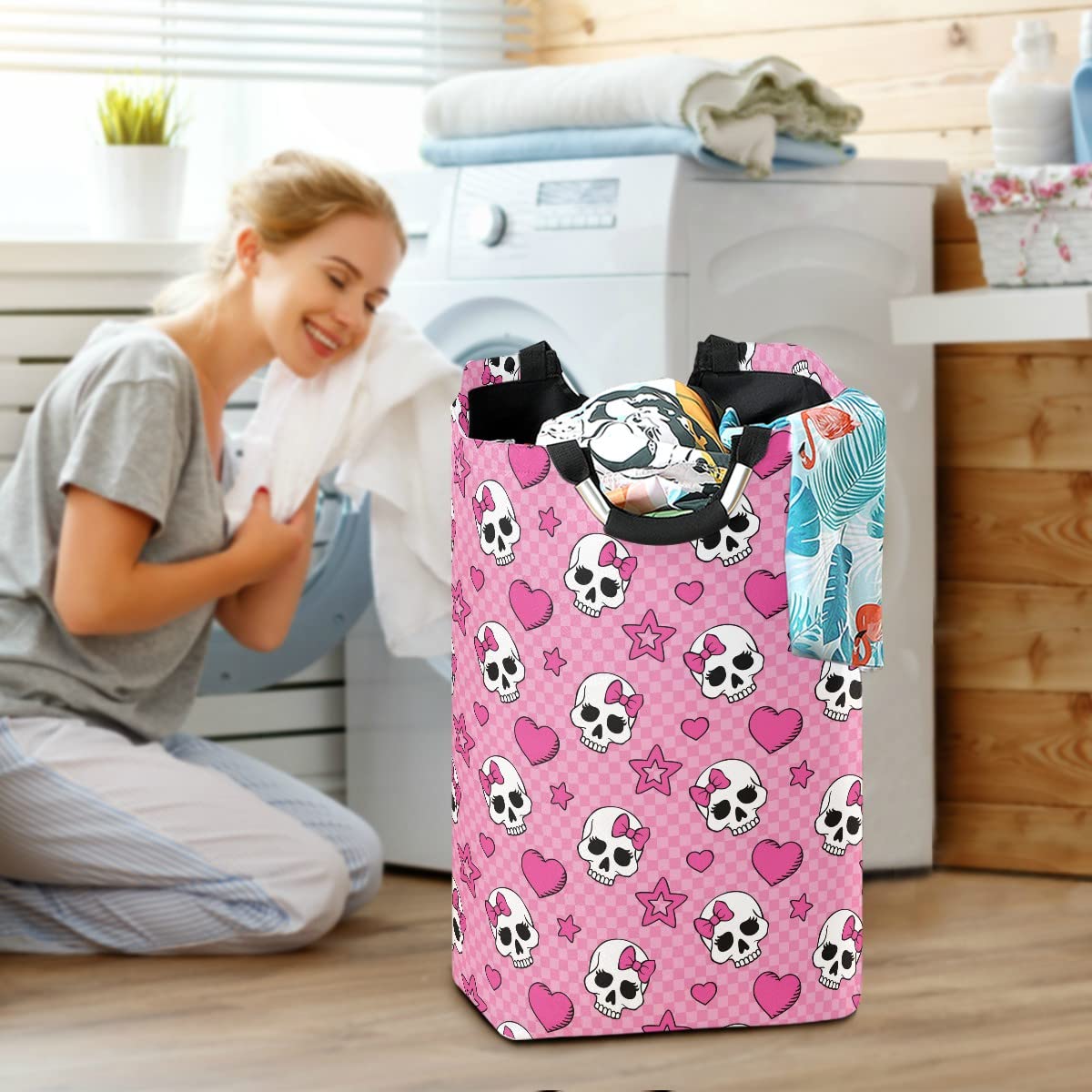 Pink Skull Girl Laundry Bag with Handles - Foldable Collapsible Laundry Basket Hamper for Laundry Room & Bathroom Organization - Perfect for College Dorm, Travel & Home Storage