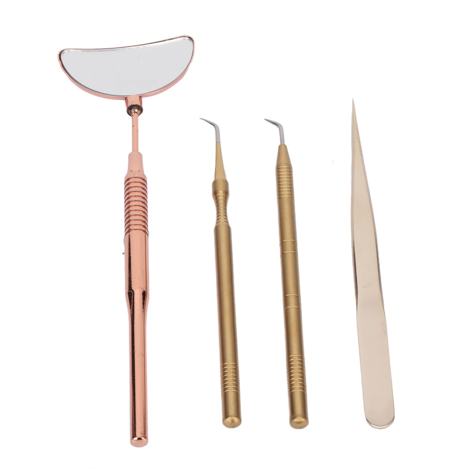**4PCS Rose Gold Eyelash Extension Mirror & Tweezers Set - Stainless Steel Non-Slip Beauty Salon Tools for Professional Lash Artists & DIY Home Use**