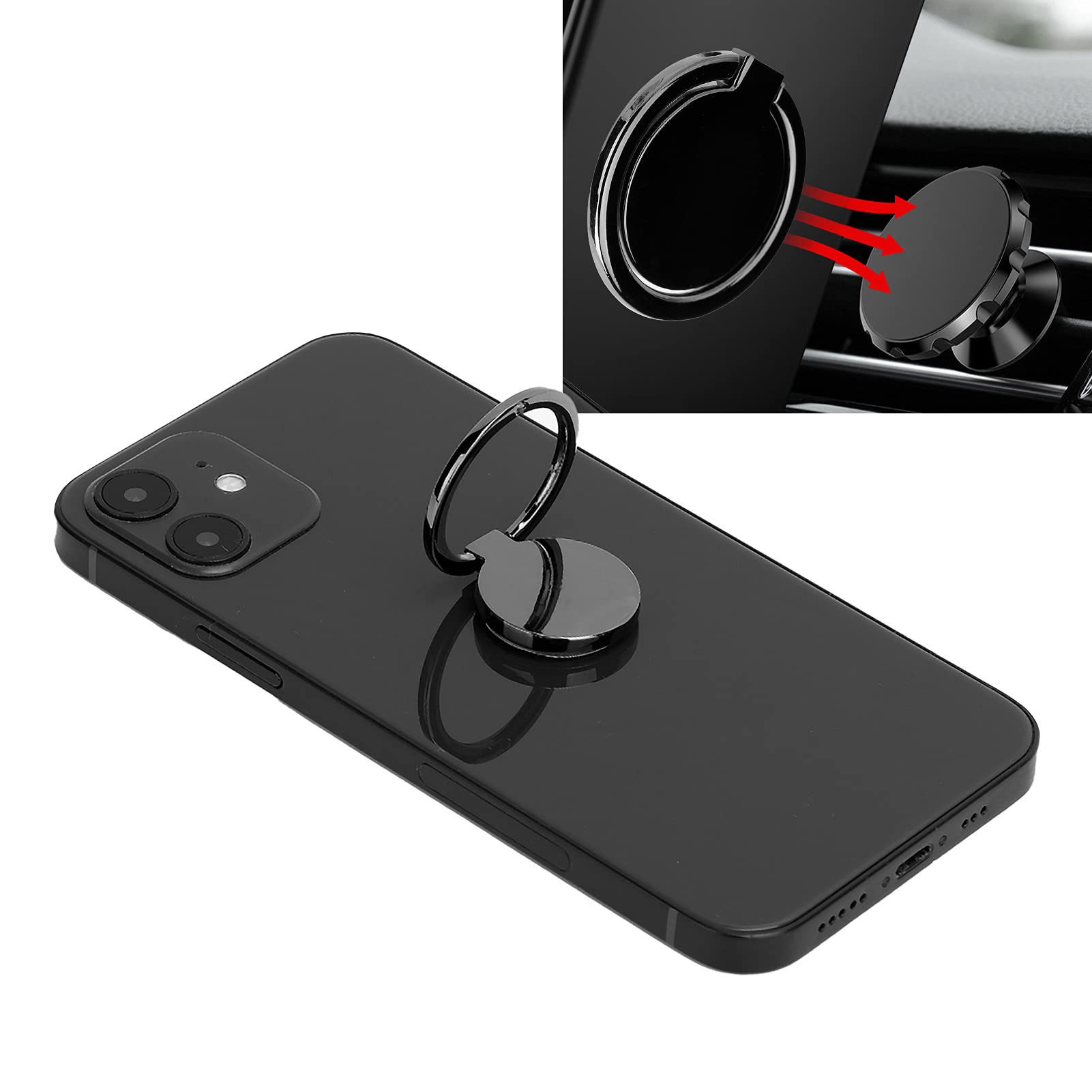 360° Adjustable Magnetic Phone Ring Holder - Metal Finger Grip Stand for Mobile Phones & Tablets (Black) | Car Mount, Desk Stand & Hands-Free Viewing Accessory