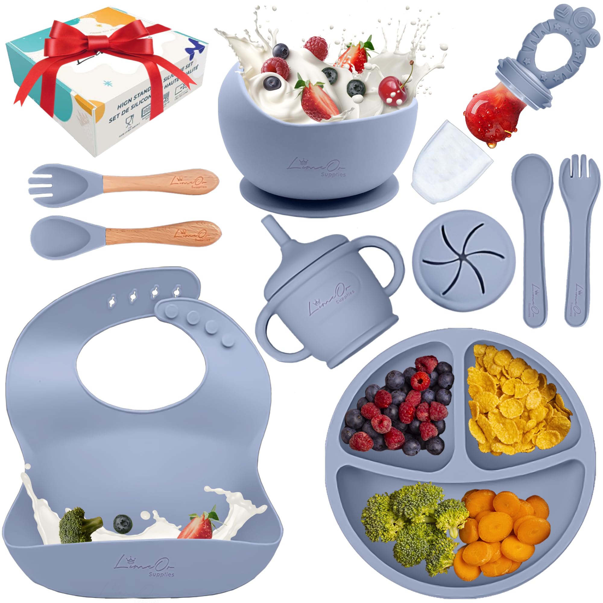 LimOr BPA-Free Silicone Baby Feeding Set - Complete Toddler Eating Essentials for Baby Led Weaning (6-12 Months, Gray) - Perfect for Independent Mealtime & Mess-Free Learning