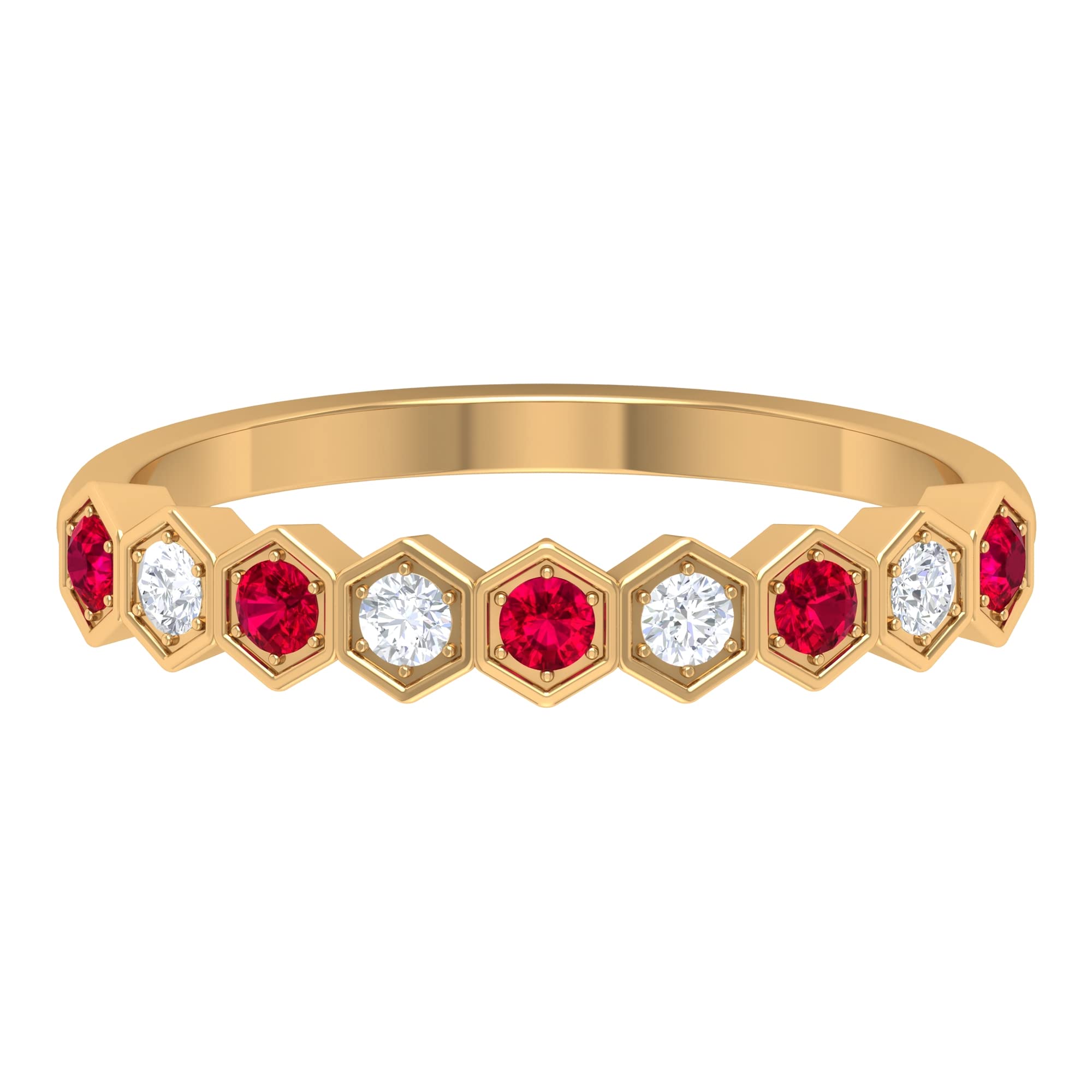 0.50 CT Hexagon Ruby and Diamond Half Eternity Ring for Women - 14K Solid Gold Wedding Band, Anniversary Gift, Valentine's Day Jewelry