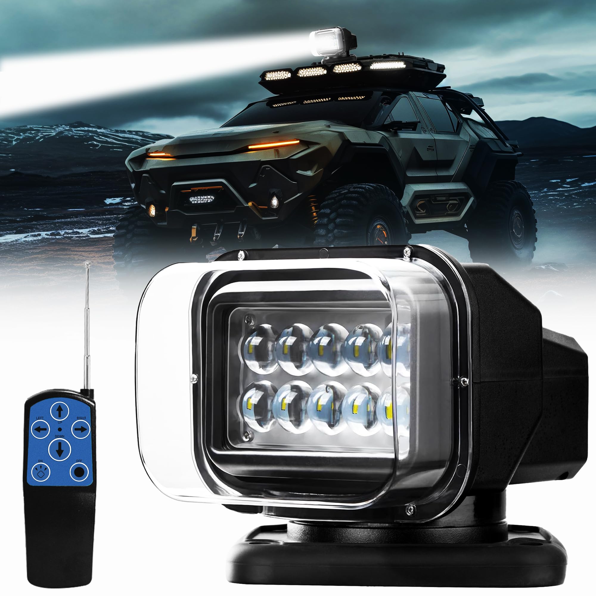 Remote Control LED Searchlight - 360° Auto-Restoring Rotating Marine Spotlight with 6 Strong Magnets for Trucks, Boats, Hunting | 12V/24V Waterproof Off-Road Light (Black) - Perfect for Night Fishing, Camping & Emergency Rescue