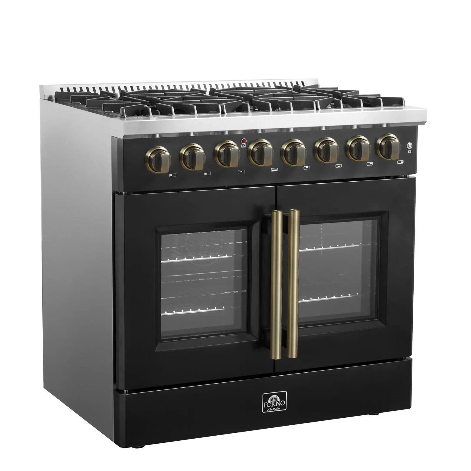 **Forno Galiano 36-Inch French Door Dual Fuel Range - Gas Stove & Electric Oven in Black with Antique Brass Trim (Model FFSGS6356 36BLK) - Perfect for Modern Kitchens & Gourmet Cooking**