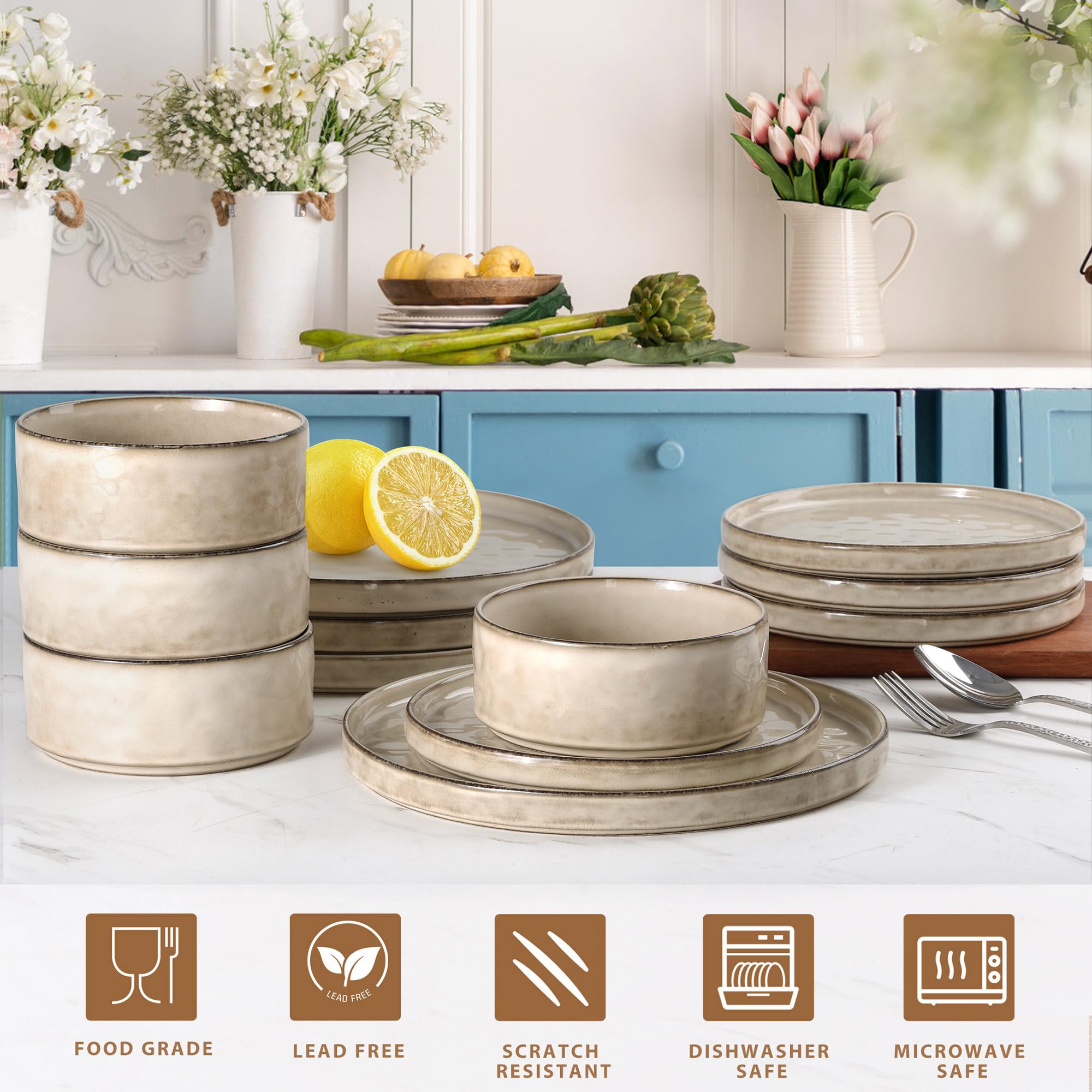 12-Piece Ceramic Dinnerware Set for 4 - Includes Dinner Plates, Salad Plates & Bowls - Microwave & Dishwasher Safe - Sandy Beige - Perfect for Family Meals, Dinner Parties & Everyday Use