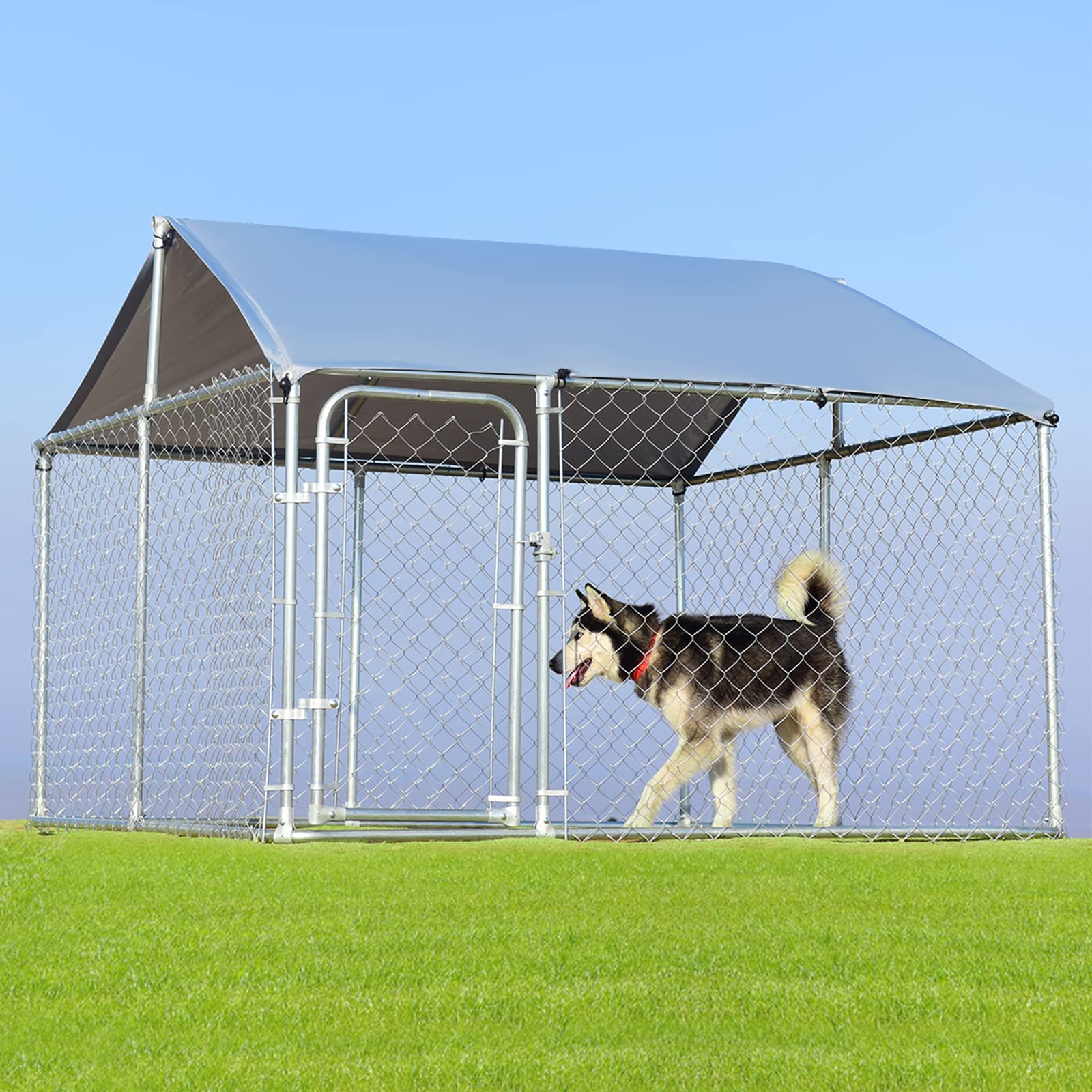 Giantex 7.5ft Outdoor Dog Kennel with Roof - Waterproof Metal Dog Fence with Door for Large Dogs | Heavy Duty Pet Playpen, Chicken Run & Backyard Enclosure | Perfect for Outdoor Play, Farm Use & Backyard Security