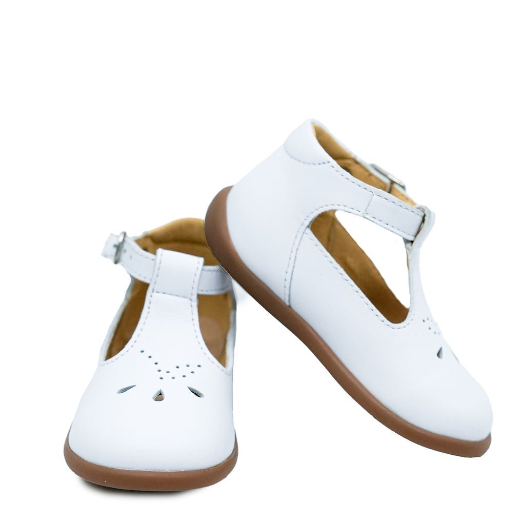 Pom D'Api White Leather T-Strap Baby Shoes for Girls & Boys – Soft & Comfortable First Walkers – Perfect for Special Occasions & Everyday Wear