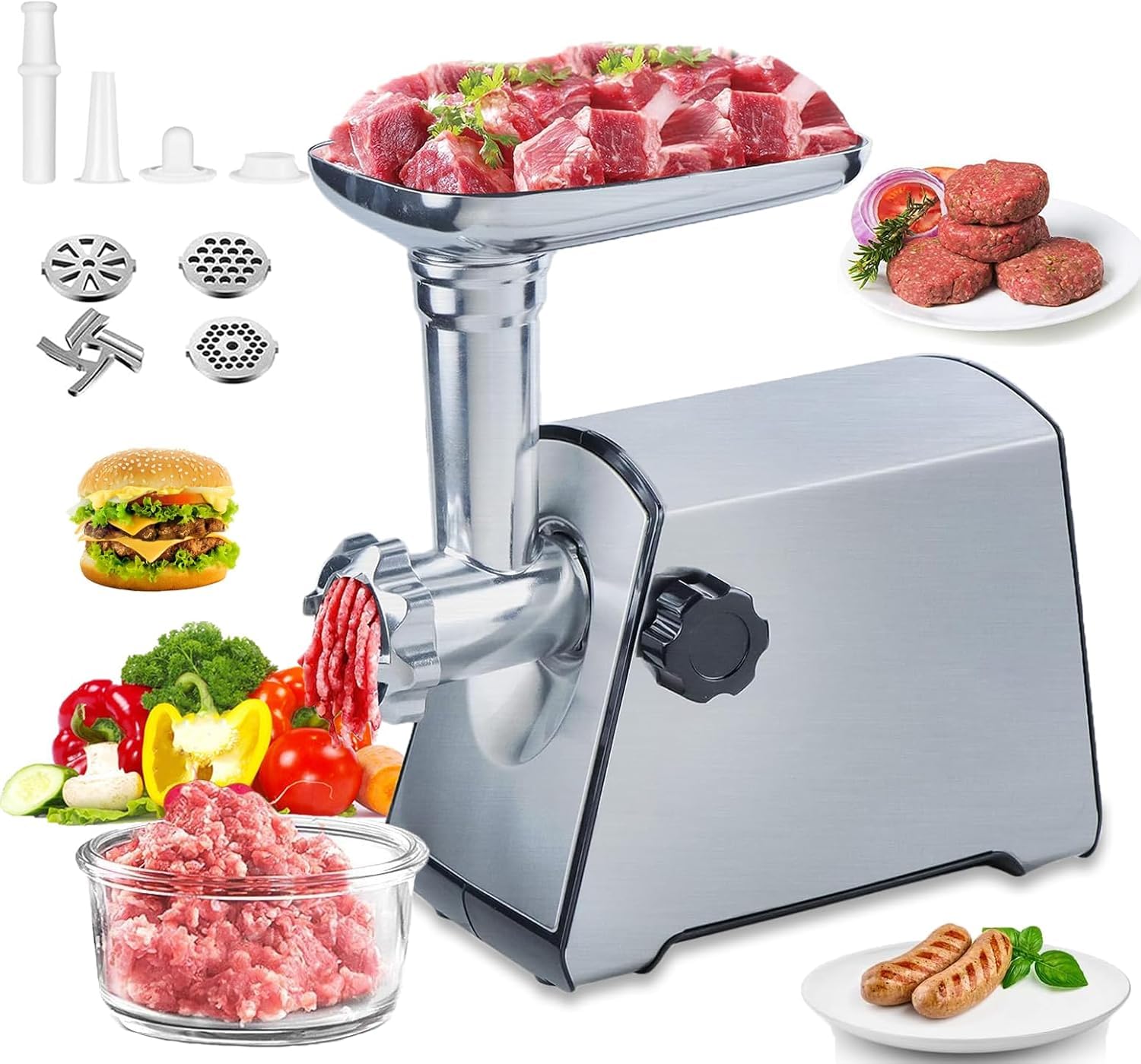 2800W Electric Meat Grinder & Sausage Maker - Heavy Duty Home Kitchen Mincer with 3 Cutting Plates, Blades, Sausage Stuffer Tube & Kubbe Kit - Perfect for Ground Beef, Sausages, Burgers & Homemade Pet Food