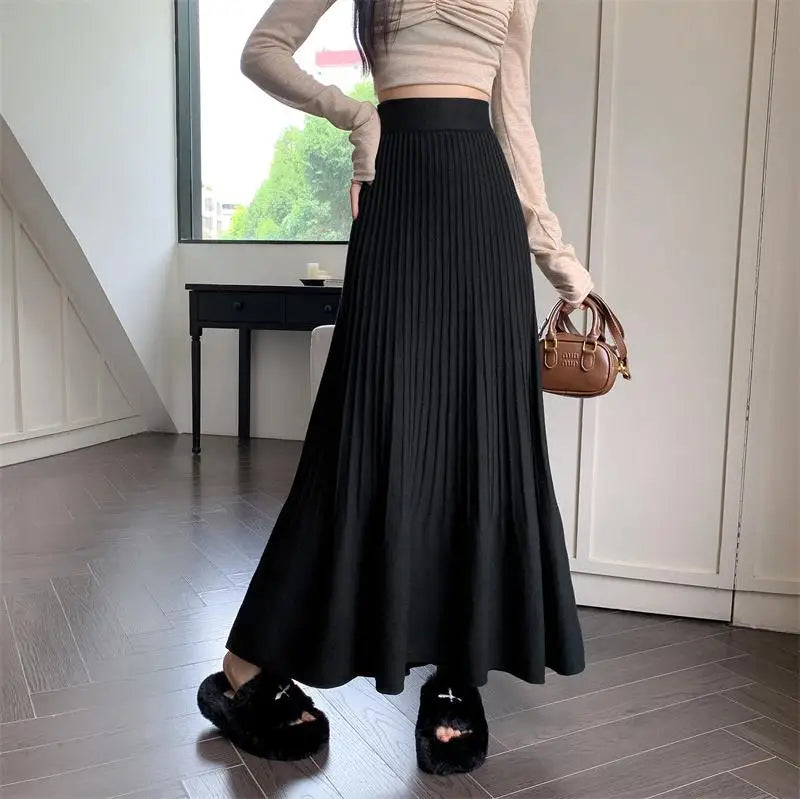 Women's Black High Waist Elastic Skirt - Korean Retro Style A-Line Pleated Long Skirt for Autumn Winter | Elegant Beige Color for Vacation, Party & Office Wear