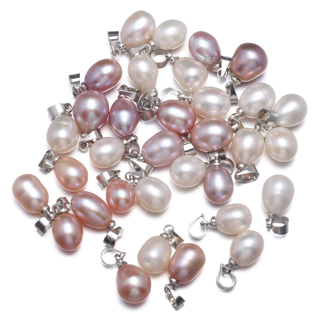 LE SKY 10 Pcs AAA Grade Natural Pink Freshwater Cultured Pearl Pendants - Rice Shape 7-8mm Pearl Beads for Jewelry Making DIY, Necklace & Bracelet Charms - Perfect for Wedding, Bridal & Handmade Jewelry Designs