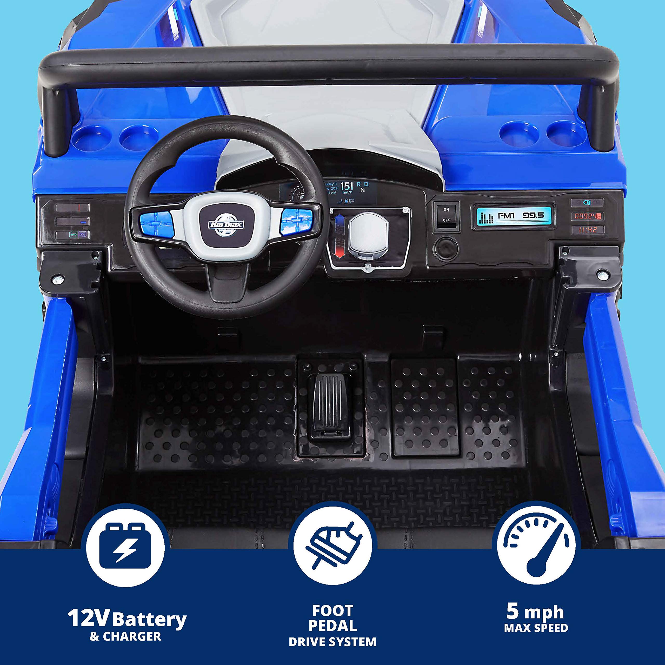 Kid Trax UTV 12V Electric Ride-On Toy for Toddlers & Kids Ages 3-7 | 110 lbs Weight Capacity | Single or Double Riders | Blue | Perfect for Backyard Play & Outdoor Adventures