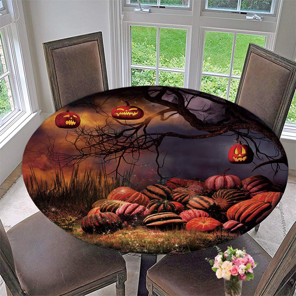 Halloween Round Tablecloth with Elastic Edge - Pumpkin and Lantern Design - Fits 35