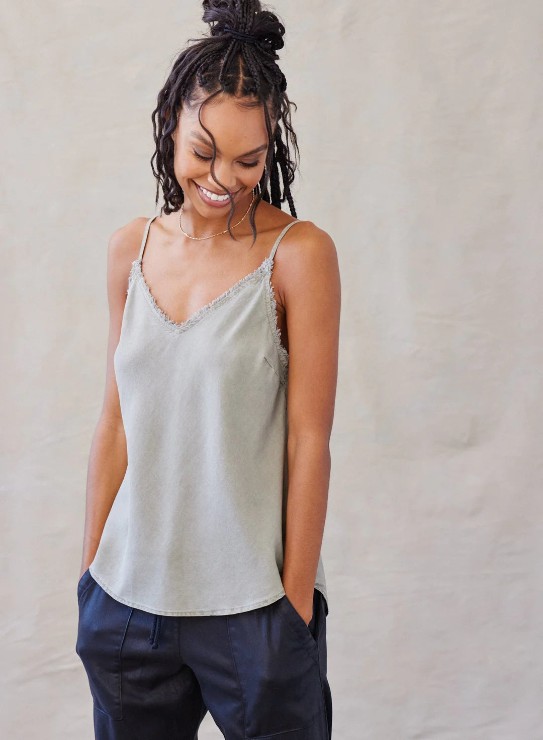 Soft Army Frayed Edge Camisole Top - Women's Vintage Style Loose Fit Tank - Perfect for Casual Wear, Layering & Summer Outfits