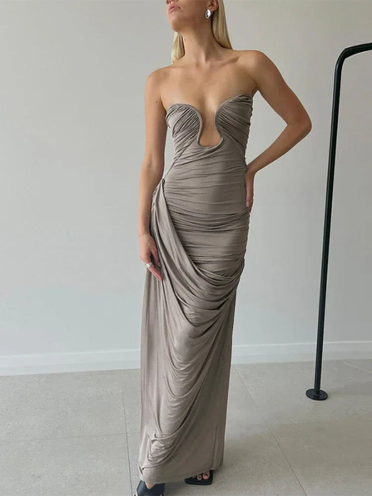 Elegant Asymmetric Ruched Strapless Maxi Dress for Women | Summer 2024 Party & Vacation Long Dresses | Sexy Formal Gown for Evening Events, Beach Weddings & Night Out