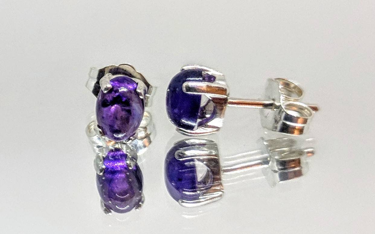 Solid Sterling Silver or Gold Plated Natural Amethyst Stud Earrings | 6x4mm & 10x8mm Cabochon | February Birthstone Jewelry | Perfect for Daily Wear, Gifts & Special Occasions