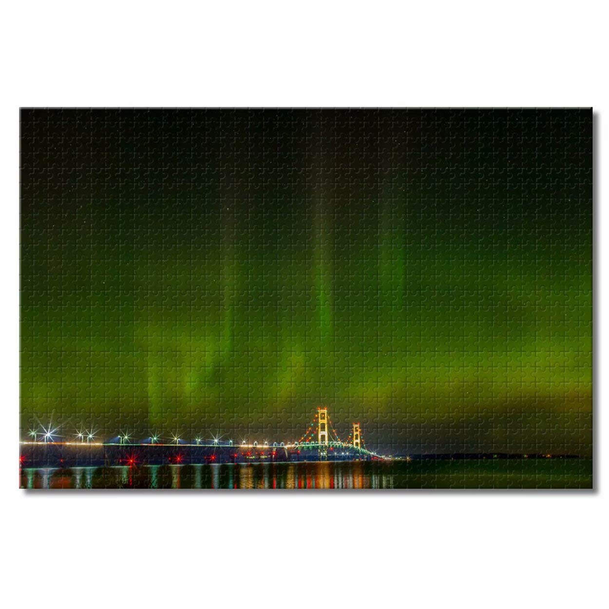 1000-Piece Mackinac Bridge Aurora Michigan Wooden Jigsaw Puzzle for Adults & Kids - USA Travel Souvenir, Home Decor & Gift Idea | Perfect for Family Game Night, Stress Relief & Educational Activity
