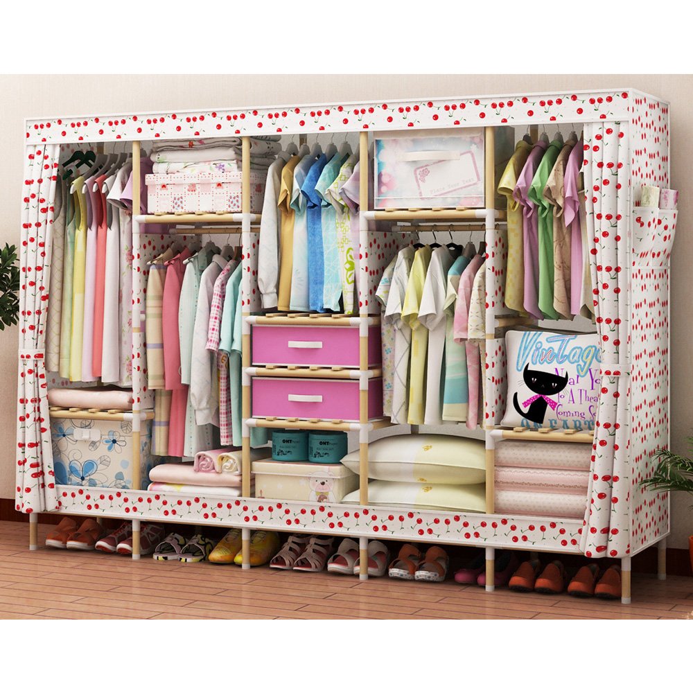 Portable Folding Wardrobe Closet with Storage Boxes - Solid Wood Frame & Fabric Cover - Easy Assembly Space-Saving Closet Organizer (82.67