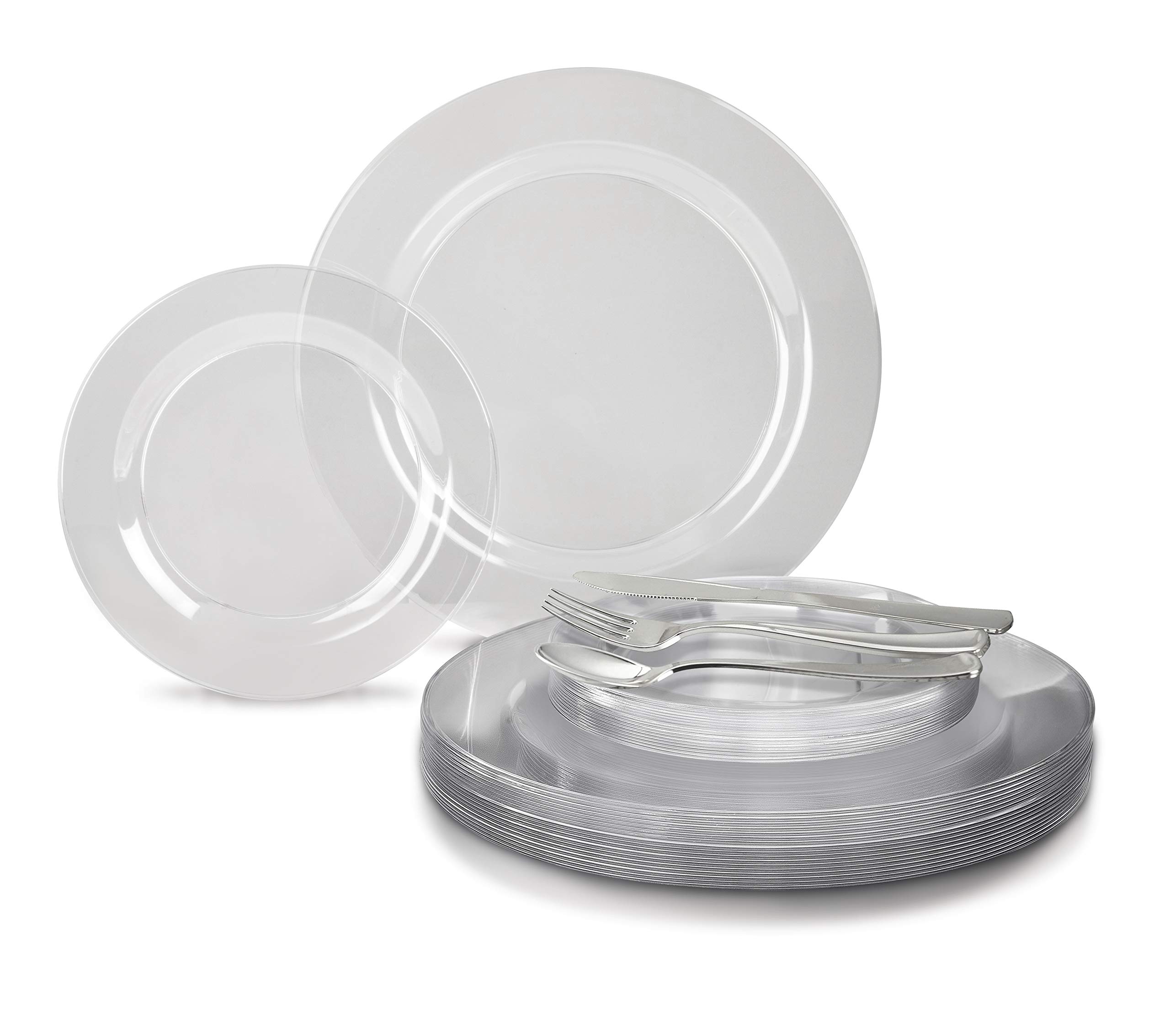 600-Piece Disposable Plastic Wedding Plate & Silverware Set with 120 Guest Cutlery - Clear Plates & Silver Silverware for Weddings, Parties, and Special Events