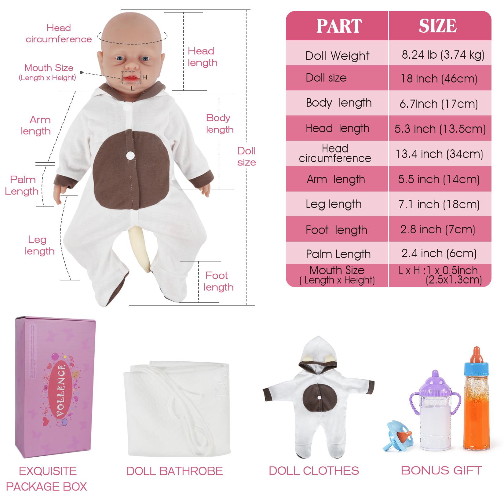 Vollence 18 Inch Realistic Full Silicone Reborn Baby Doll - Handmade Lifelike Girl Doll for Collectors, Gift Giving, Photography Props & Nursery Decor
