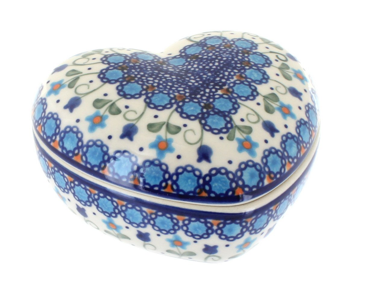 Blue Rose Polish Pottery Savannah Large Heart Box - Handmade Ceramic Gift for Valentine's Day, Wedding & Home Decor
