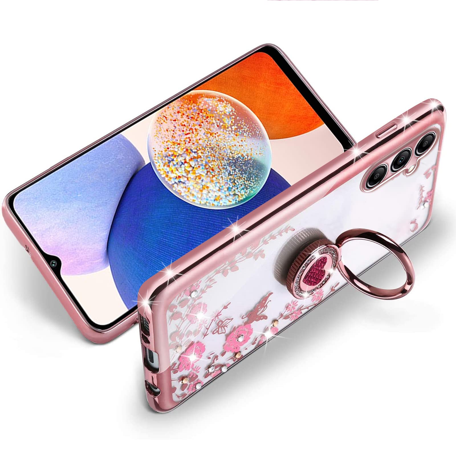 Samsung Galaxy A14 5G Case - Glitter Crystal Butterfly Heart Floral Slim TPU Protective Cover with Ring Holder & Strap for Women (Rose Gold) | Cute Bling Phone Case for Everyday Use, Work & Travel