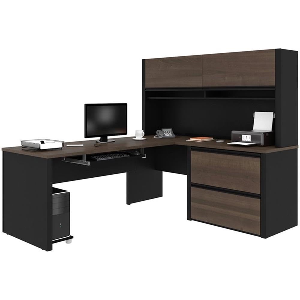 Pemberly Row 5-Piece L-Shaped Computer Desk with Hutch in Antigua and Black - Home Office Furniture for Small Spaces, Gaming & Workstation Setup