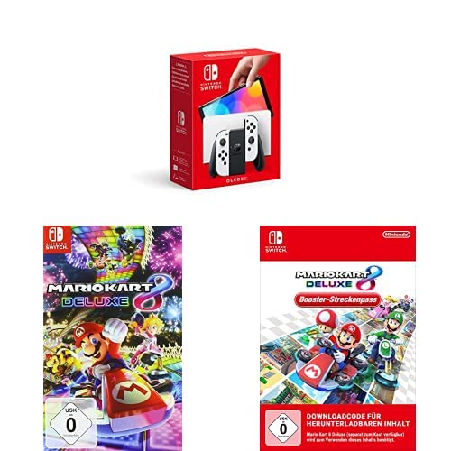 Nintendo Switch OLED Model White Console + Mario Kart 8 Deluxe Bundle with Booster Course Pass Download Code - Portable Gaming System for Home & Travel Entertainment