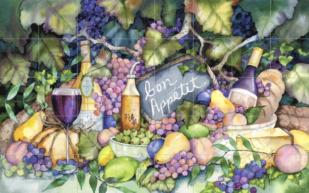 Bon Appetit Ceramic Backsplash Tile Mural by Kathleen Parr McKenna - Handmade Kitchen Wall Decor for Modern & Farmhouse Style Kitchens - Perfect for Backsplashes, Accent Walls & Home Renovations
