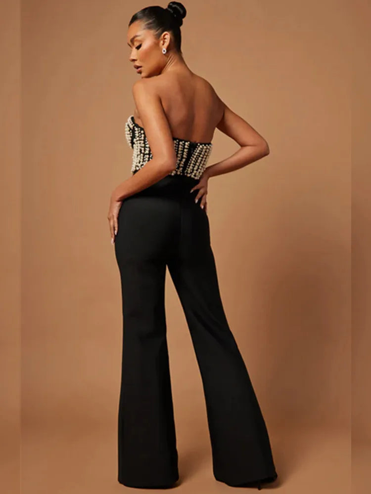 Celebrity Women's Luxury Sexy Strapless Pearl Black Bodycon Bandage Jumpsuit - 2025 High Street Designer Romper for Night Out, Club Party & Special Occasions