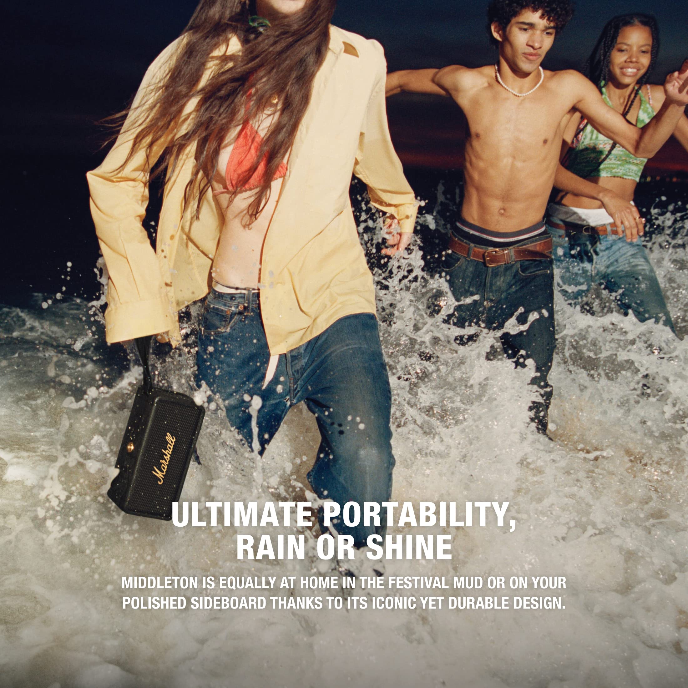 Marshall Middleton Portable Bluetooth Speaker - Wireless Outdoor Speaker with Rich Bass, IP67 Waterproof, 20+ Hours Playtime - Perfect for Travel, Camping, Beach & Home Use (Black & Brass)