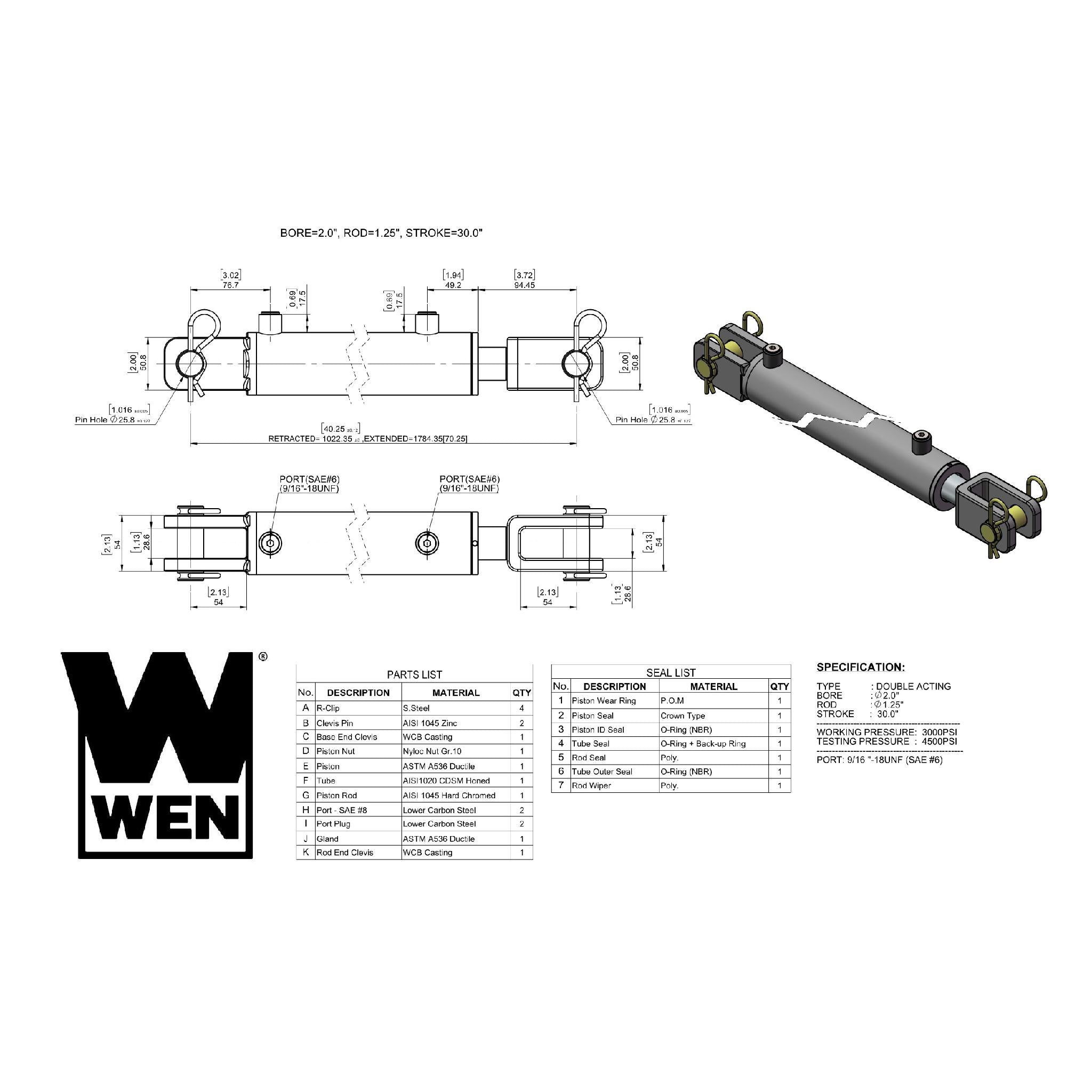 WEN CC2030 Clevis Hydraulic Cylinder - 2 Inch Bore, 30 Inch Stroke for Heavy-Duty Industrial Equipment & Machinery