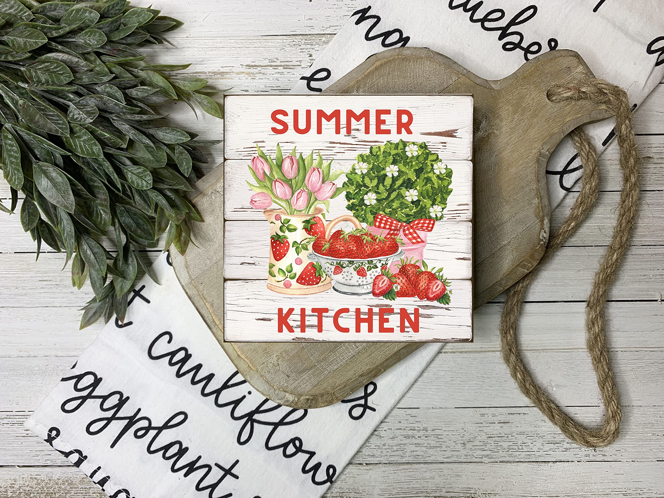 5x5 Inch Summer Kitchen Strawberries Wooden Mini Sign - Rustic Farmhouse Decor for Kitchen, Dining Room, or Outdoor Party