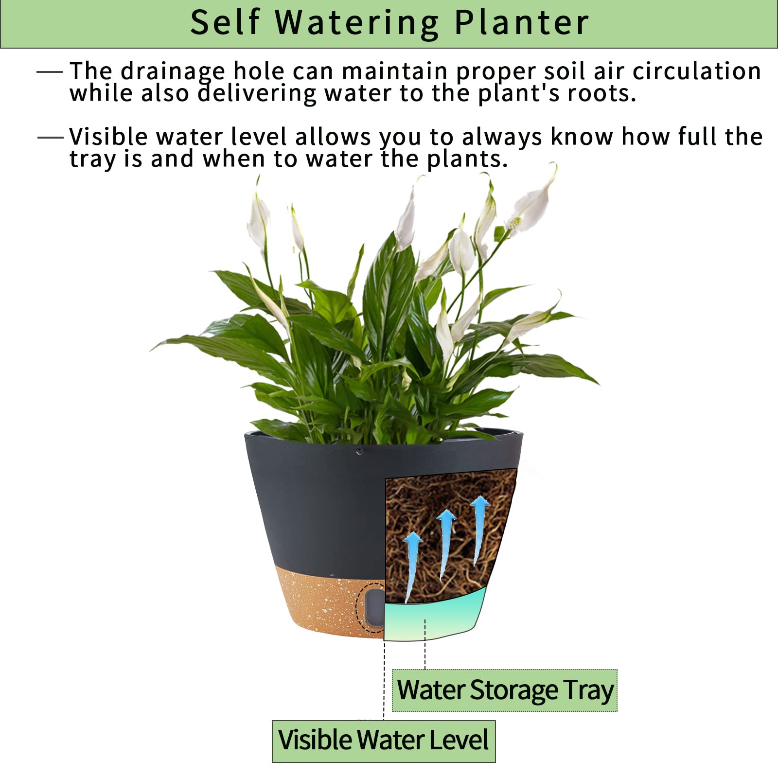 2 Pack 10 Inch Hanging Planters for Indoor Outdoor Plants - Self Watering Flower Pot Basket with Drainage Hole, Removable Tray & Hooks - Dark Grey - Perfect for Balcony, Patio, Garden Decor and Home Office Plants