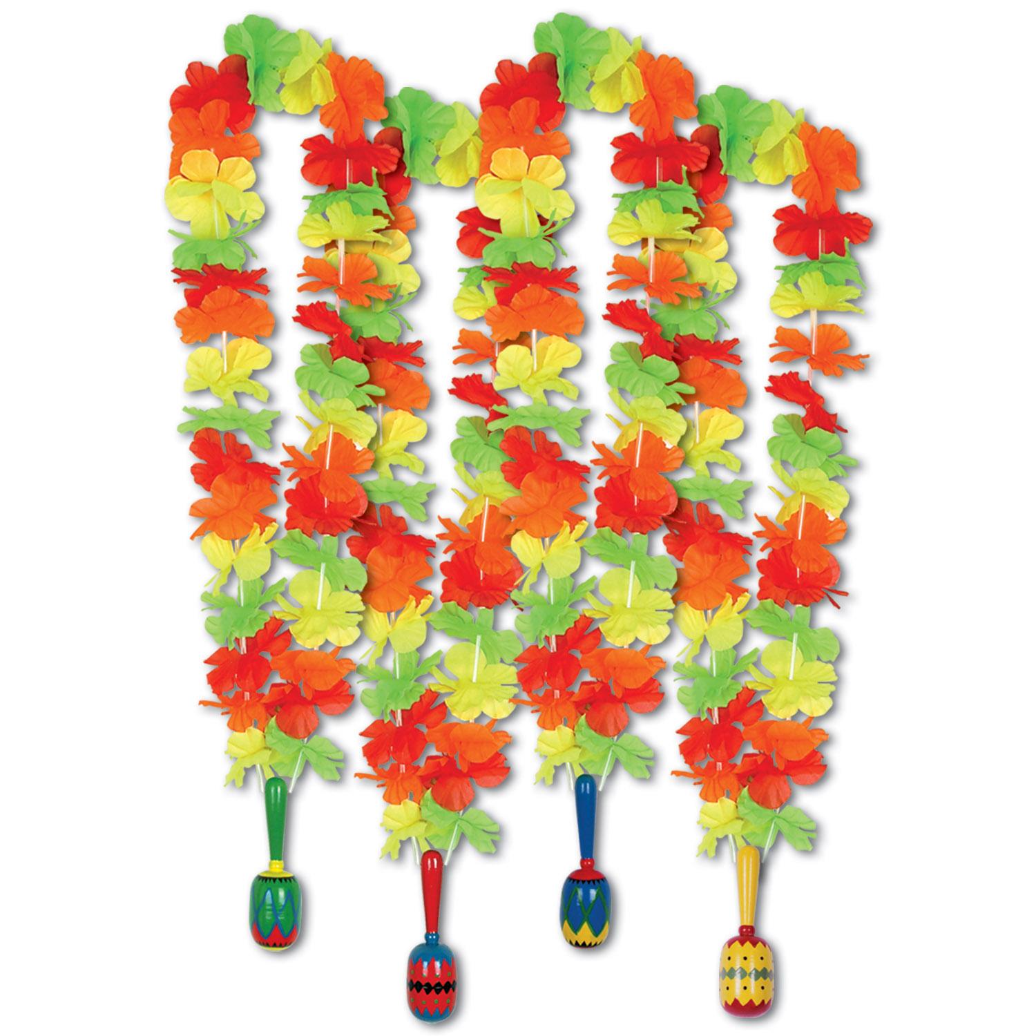 12 Pack Beistle Fiesta Lei with Maraca Medallion - Colorful Hawaiian Party Necklaces for Luau, Themed Parties & Tropical Celebrations
