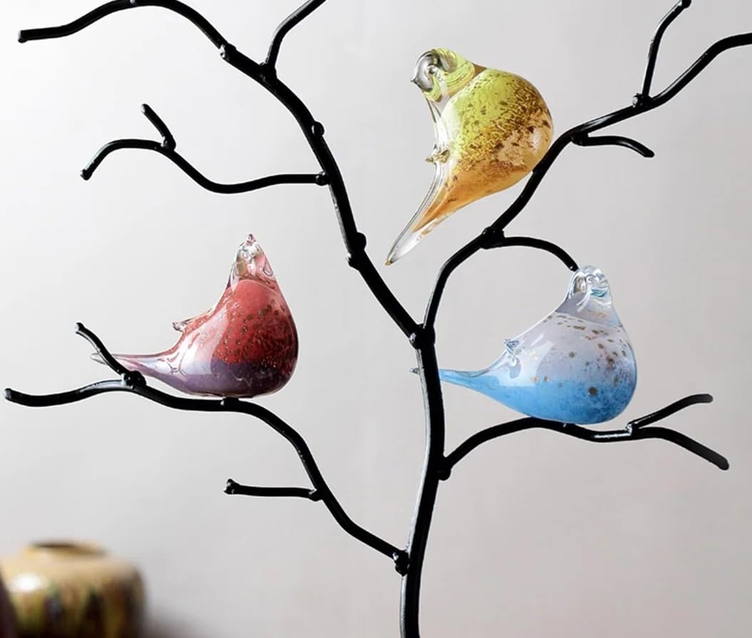 SPI Art Glass Bird Trio on Metal Tree Statue - Handmade Decorative Sculpture for Home & Garden Decor | Perfect for Living Room, Patio, or Gift