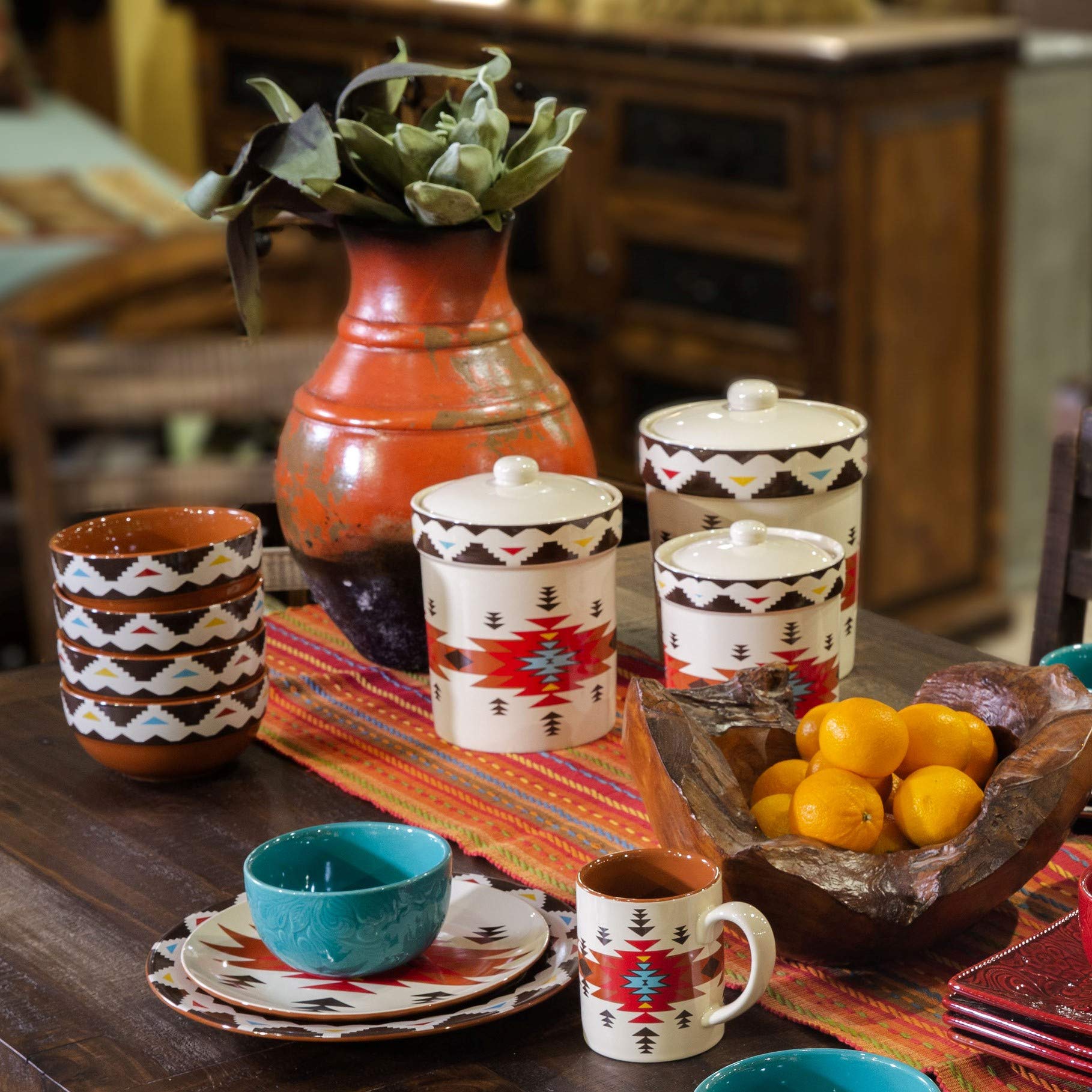HiEnd Accents Del Sol Aztec 16-Piece Ceramic Dinnerware Set - Plates, Bowls & Mugs - Southwestern Rustic Cabin Lodge Style - Perfect for Dining, Entertaining & Cabin Decor