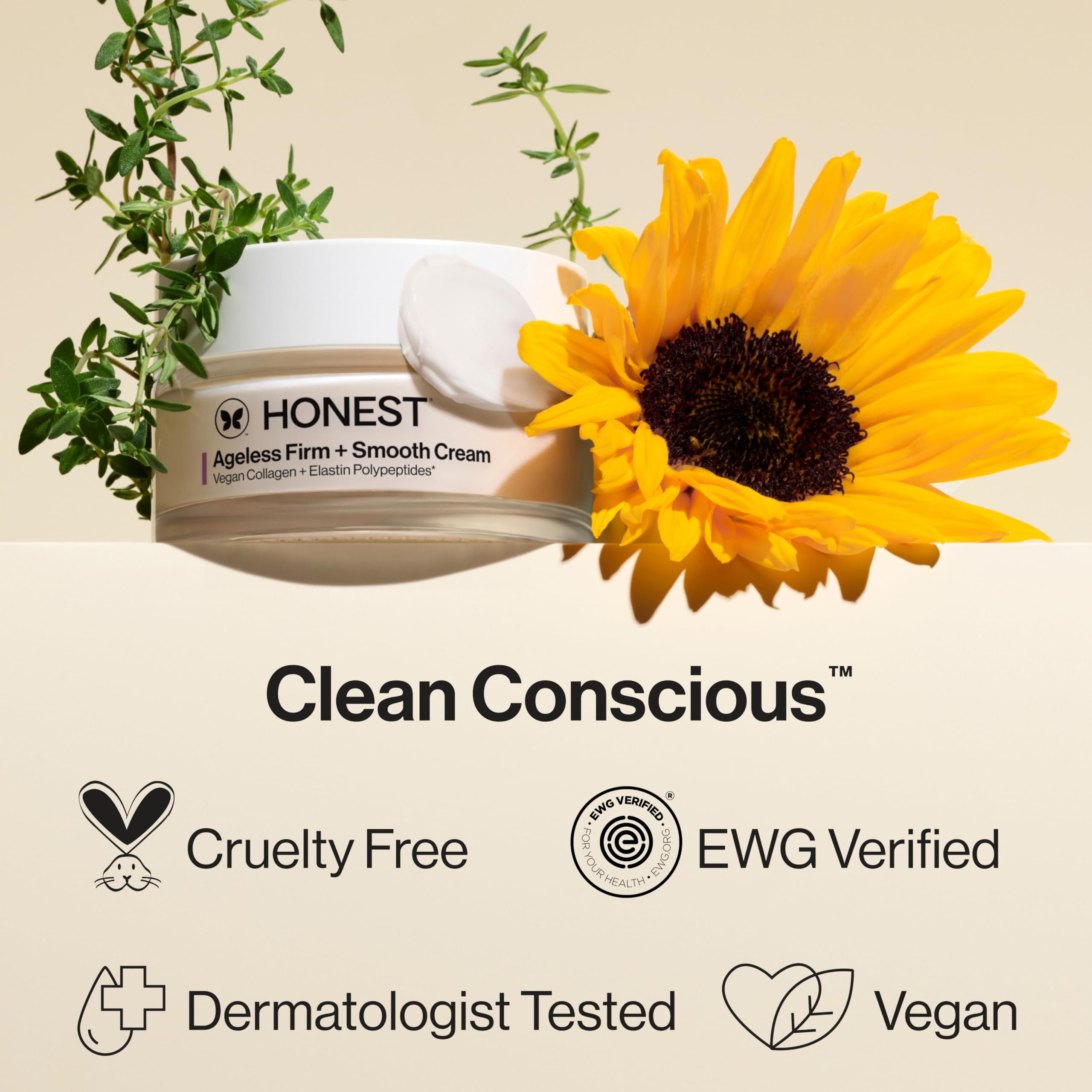 **Honest Beauty Ageless Firm and Smooth Cream – Vegan Collagen & Elastin Polypeptides for Firmer, Smoother Skin | Fragrance-Free, EWG Verified, Vegan, Cruelty-Free | 1.7 fl oz | Perfect for Daily Anti-Aging Skincare Routine**