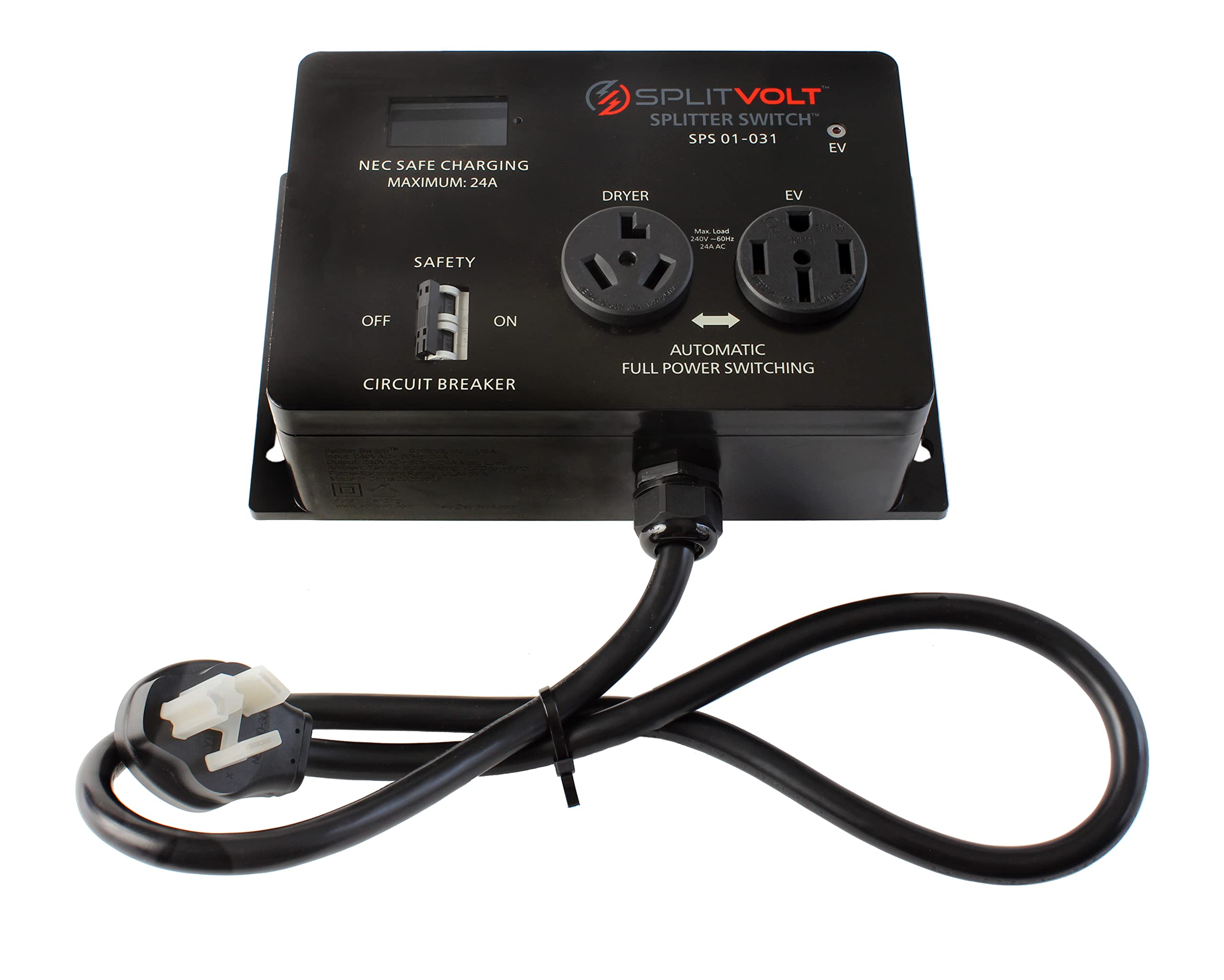 24 Amp EV Charger Splitter Switch - Automatic Power Sharing Between Dryer & Electric Vehicle (NEMA 10-30 to 10-30/14-50, 240V) | Save on Home EV Charging Installation | Perfect for Garages & Multi-Device Homes